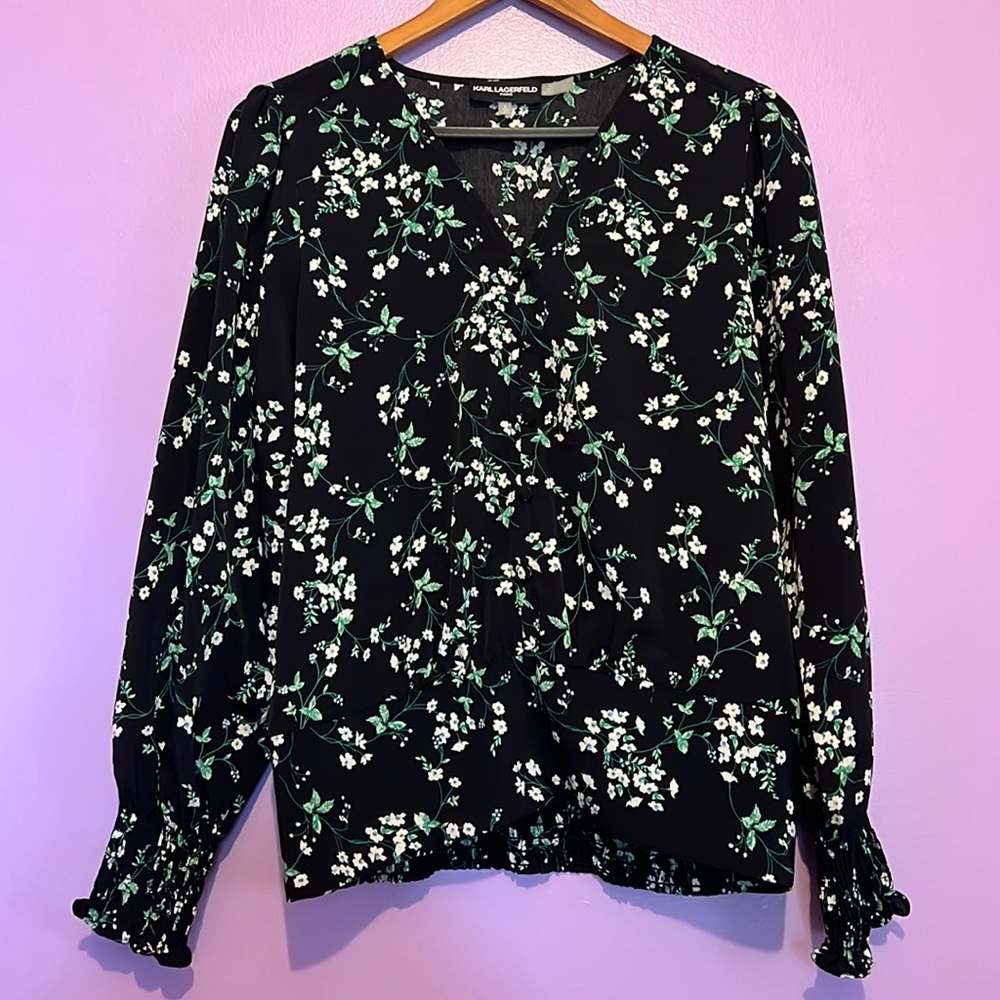 Karl Lagerfeld Black and White Ruffled Long Sleeve Blouse NWOT